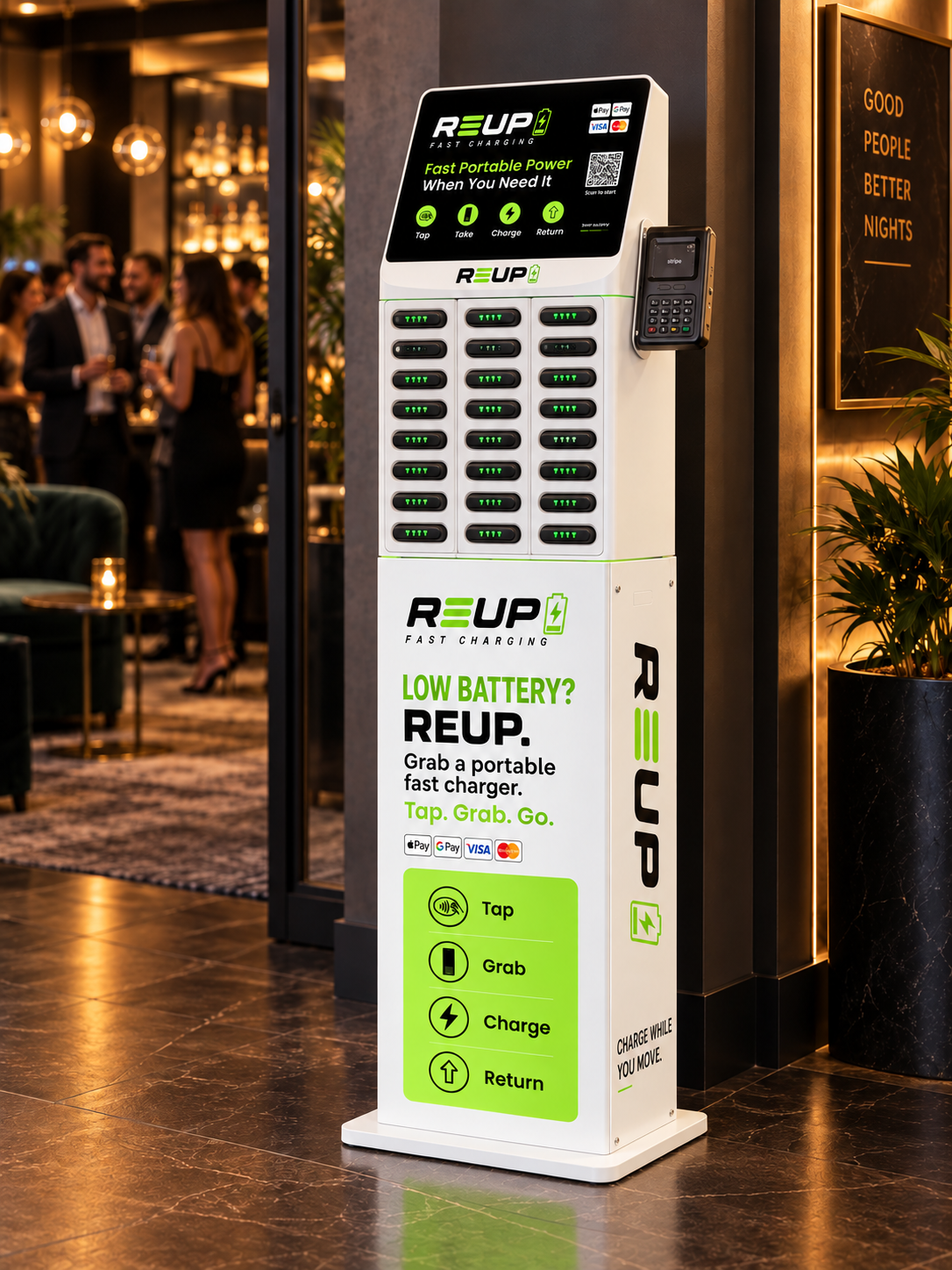 Large white REUP Charging station for events, malls and high-traffic venues