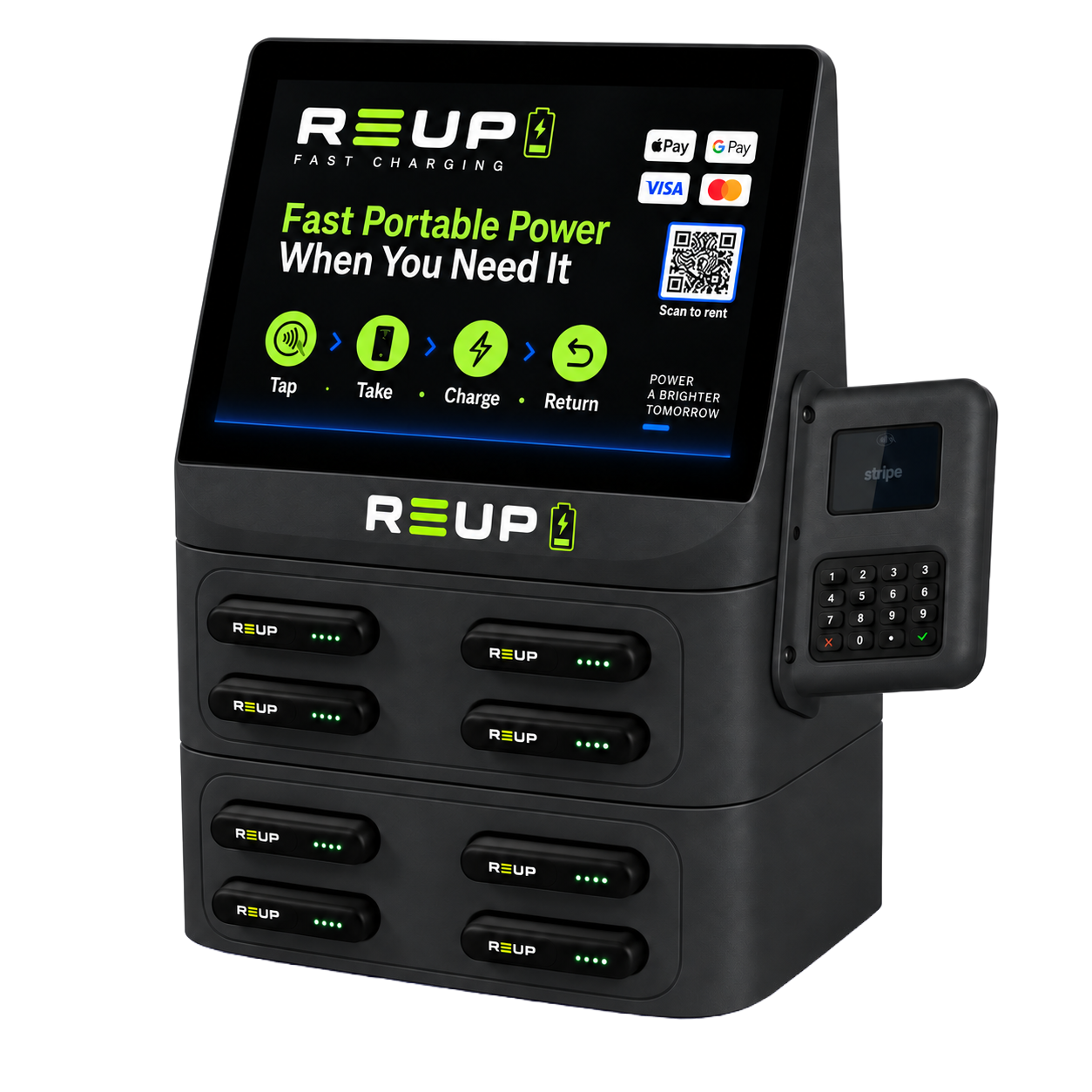 Black REUP Charging station with neon lime accents