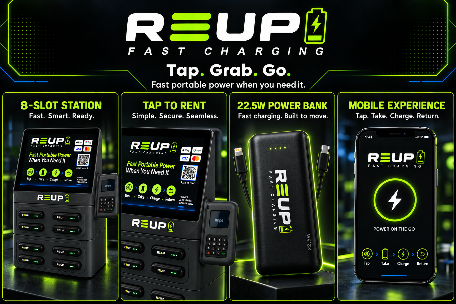 REUP Charging system overview — 8-slot station, tap-to-rent screen, 22.5W power bank, and mobile app experience